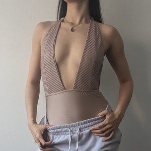 halter neck deep V plunge satin bodysuit marilyn